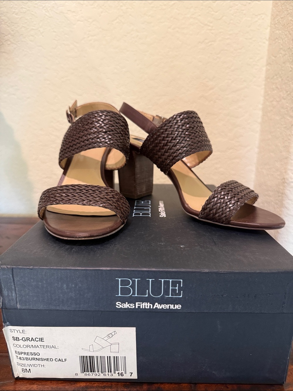 Blue Saks Fifth Avenue Espresso Braided Block-Heel Sandals Sz. 8